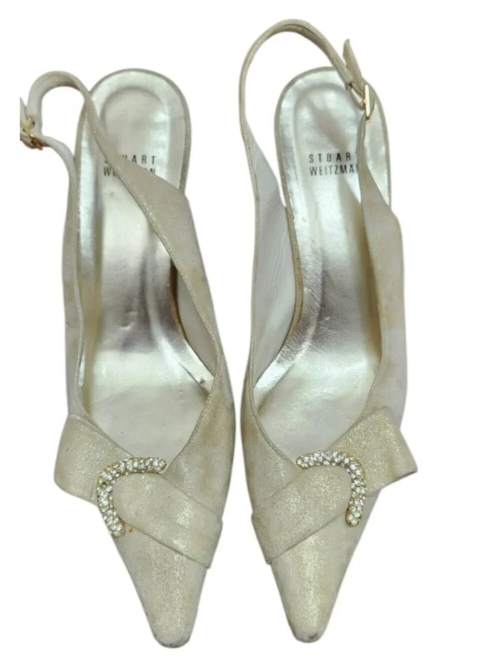 Stuart Weitzman Slingback Heels Beige Suede Rhinestone Buckle Pointed Toe US 8 M